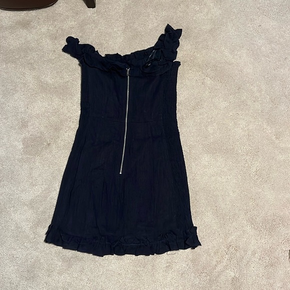 lulus size s Elati Ruffled Off The Shoulder Bodycon Linen Mini Dress Navy Blue - Picture 3 of 4